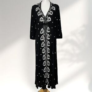 Free People Womens Dress L Black White Fable Floral Embroidered Midi Long Boho
